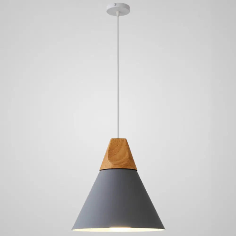 Metal Tapered Hanging Light - Nordic Style 1-Light Restaurant Pendant Lamp With Wooden Top Grey /