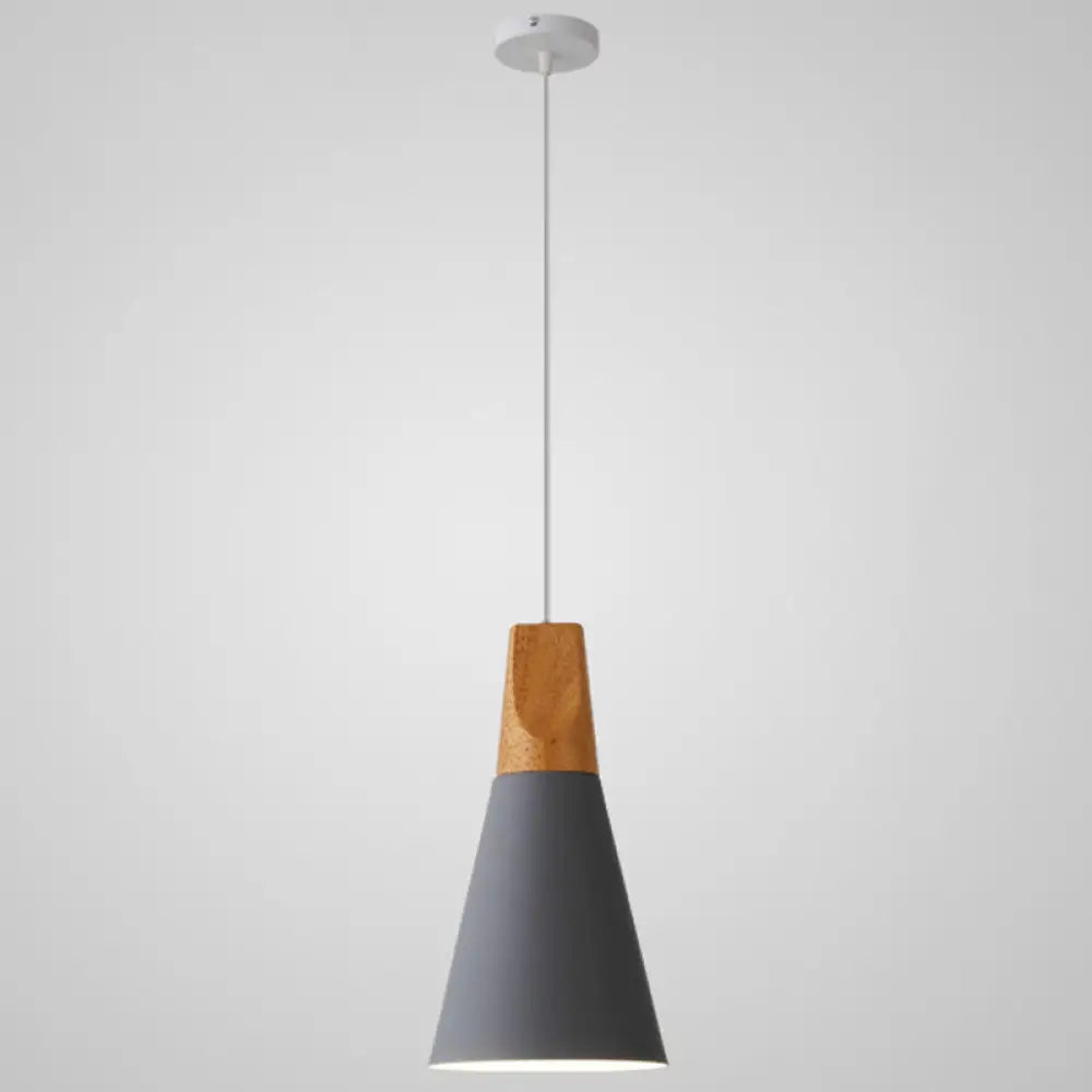 Metal Tapered Hanging Light - Nordic Style 1-Light Restaurant Pendant Lamp With Wooden Top Grey /