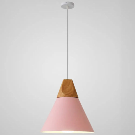 Metal Tapered Hanging Light - Nordic Style 1-Light Restaurant Pendant Lamp With Wooden Top Pink /