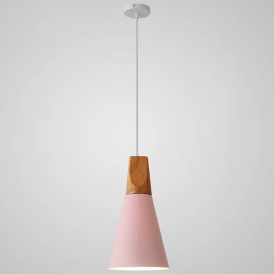 Metal Tapered Hanging Light - Nordic Style 1-Light Restaurant Pendant Lamp With Wooden Top Pink /