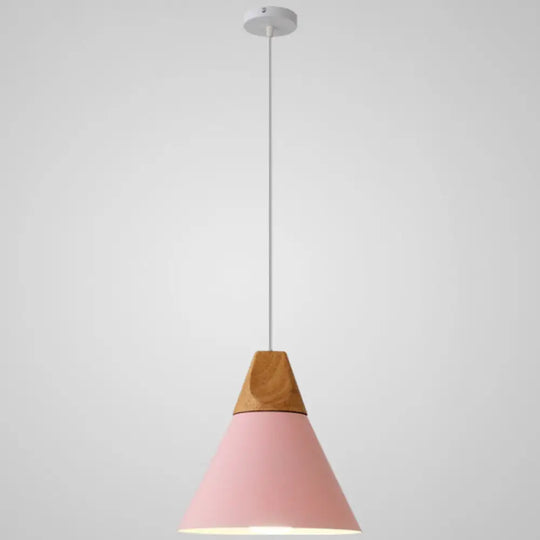 Metal Tapered Hanging Light - Nordic Style 1-Light Restaurant Pendant Lamp With Wooden Top Pink / 9’