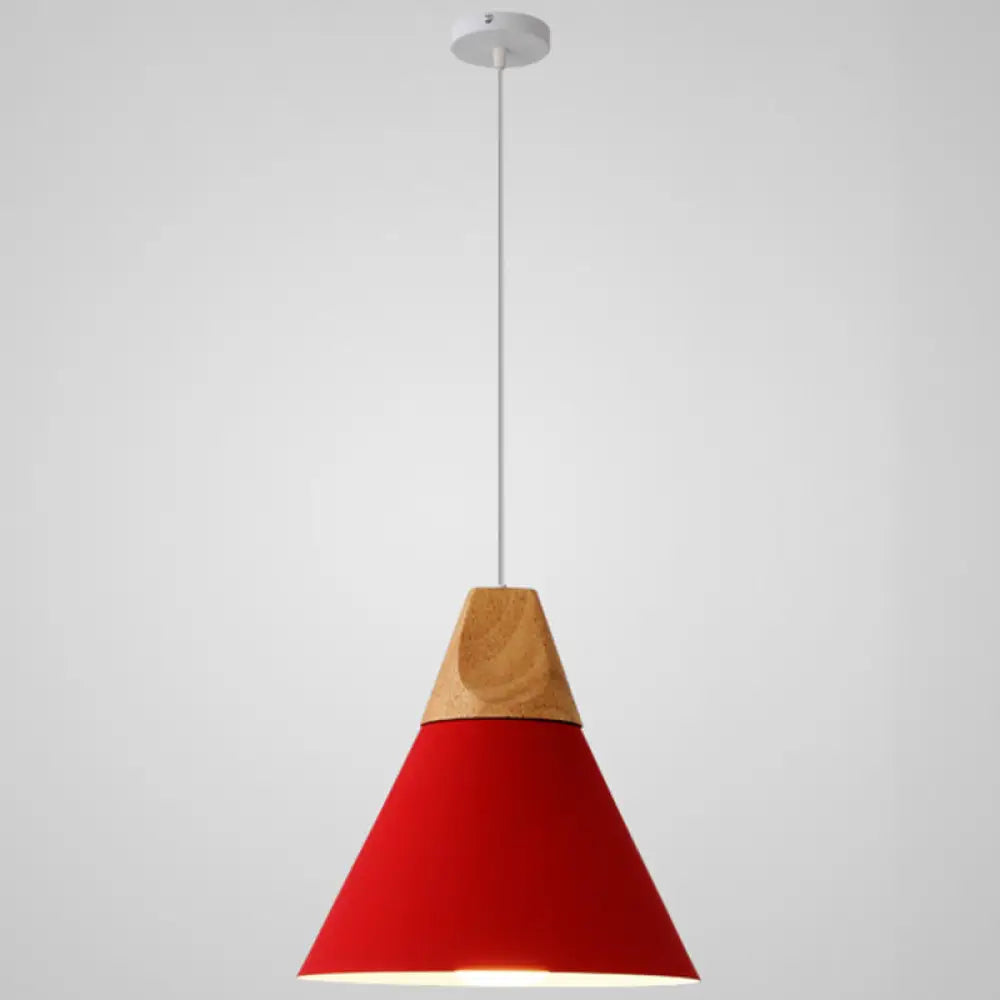 Metal Tapered Hanging Light - Nordic Style 1-Light Restaurant Pendant Lamp With Wooden Top Red / 10’