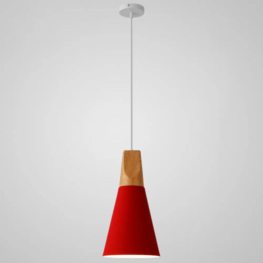 Metal Tapered Hanging Light - Nordic Style 1-Light Restaurant Pendant Lamp With Wooden Top Red /