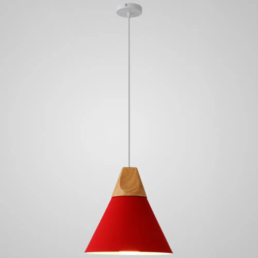 Metal Tapered Hanging Light - Nordic Style 1-Light Restaurant Pendant Lamp With Wooden Top Red / 9’