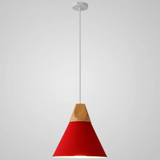 Metal Tapered Hanging Light - Nordic Style 1-Light Restaurant Pendant Lamp With Wooden Top Red / 9’