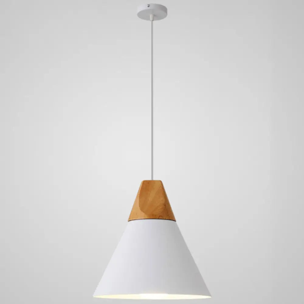 Metal Tapered Hanging Light - Nordic Style 1-Light Restaurant Pendant Lamp With Wooden Top White /