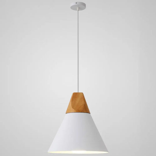 Metal Tapered Hanging Light - Nordic Style 1-Light Restaurant Pendant Lamp With Wooden Top White /