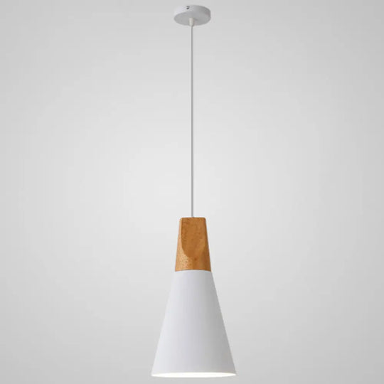 Metal Tapered Hanging Light - Nordic Style 1-Light Restaurant Pendant Lamp With Wooden Top White /