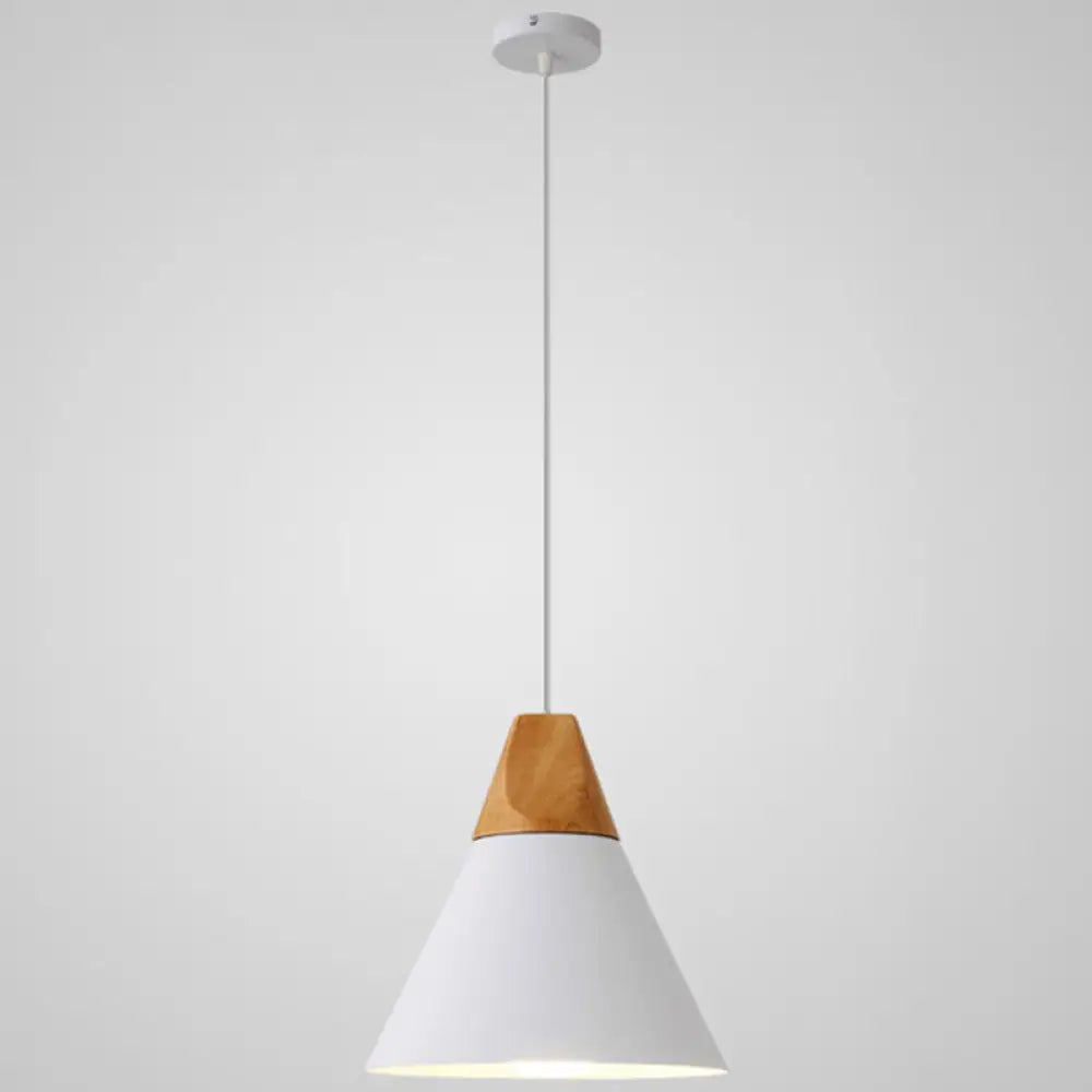 Metal Tapered Hanging Light - Nordic Style 1-Light Restaurant Pendant Lamp With Wooden Top White /