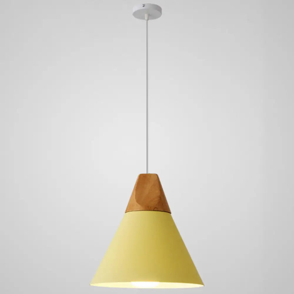 Metal Tapered Hanging Light - Nordic Style 1-Light Restaurant Pendant Lamp With Wooden Top Yellow /