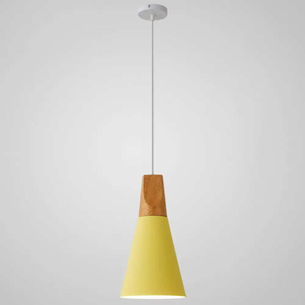 Metal Tapered Hanging Light - Nordic Style 1-Light Restaurant Pendant Lamp With Wooden Top Yellow /