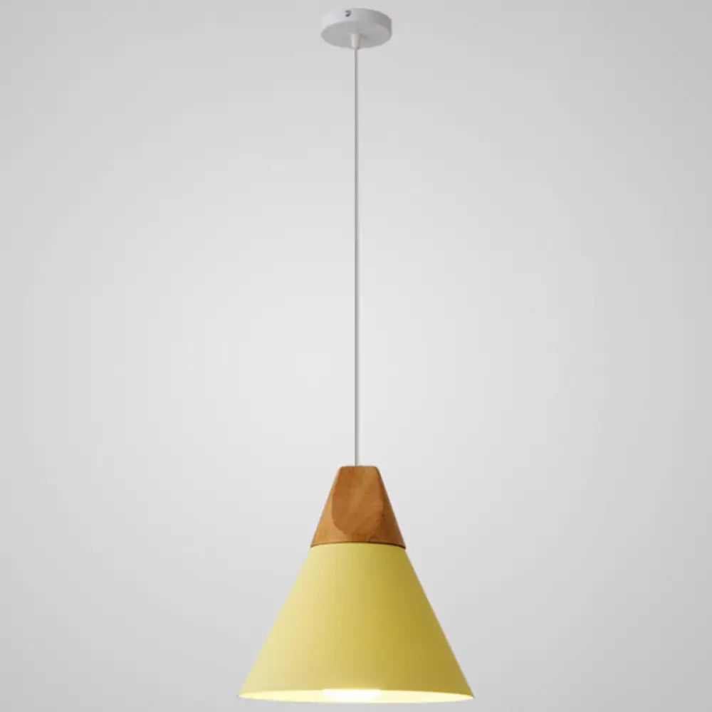 Metal Tapered Hanging Light - Nordic Style 1-Light Restaurant Pendant Lamp With Wooden Top Yellow /