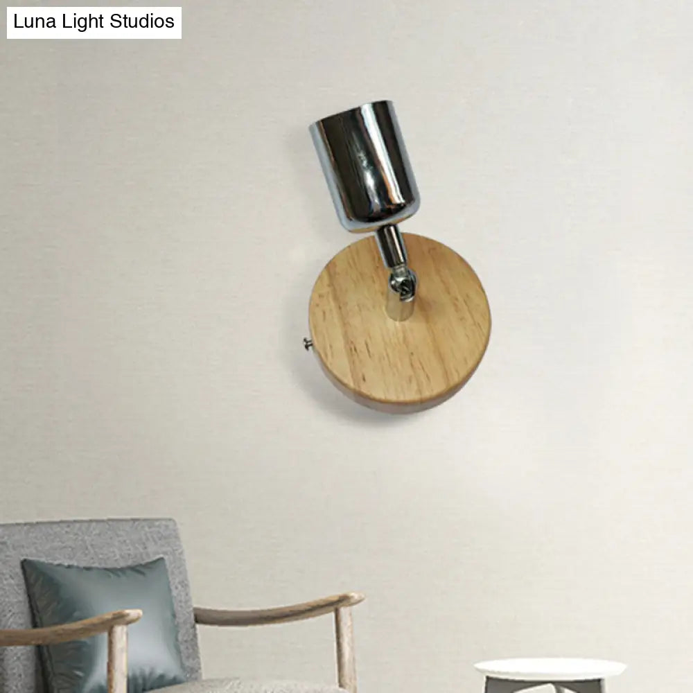 Metal Wall Lamp Lodge - Cup Shape 1 Light Silver/Gold Finish Circular Wooden Backplate Living Room