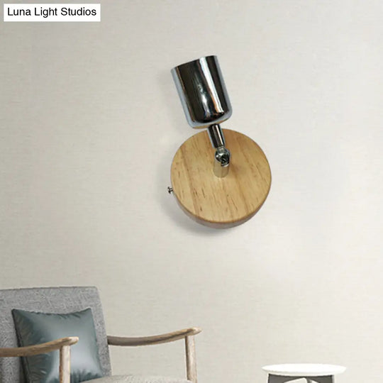 Metal Wall Lamp Lodge - Cup Shape 1 Light Silver/Gold Finish Circular Wooden Backplate Living Room