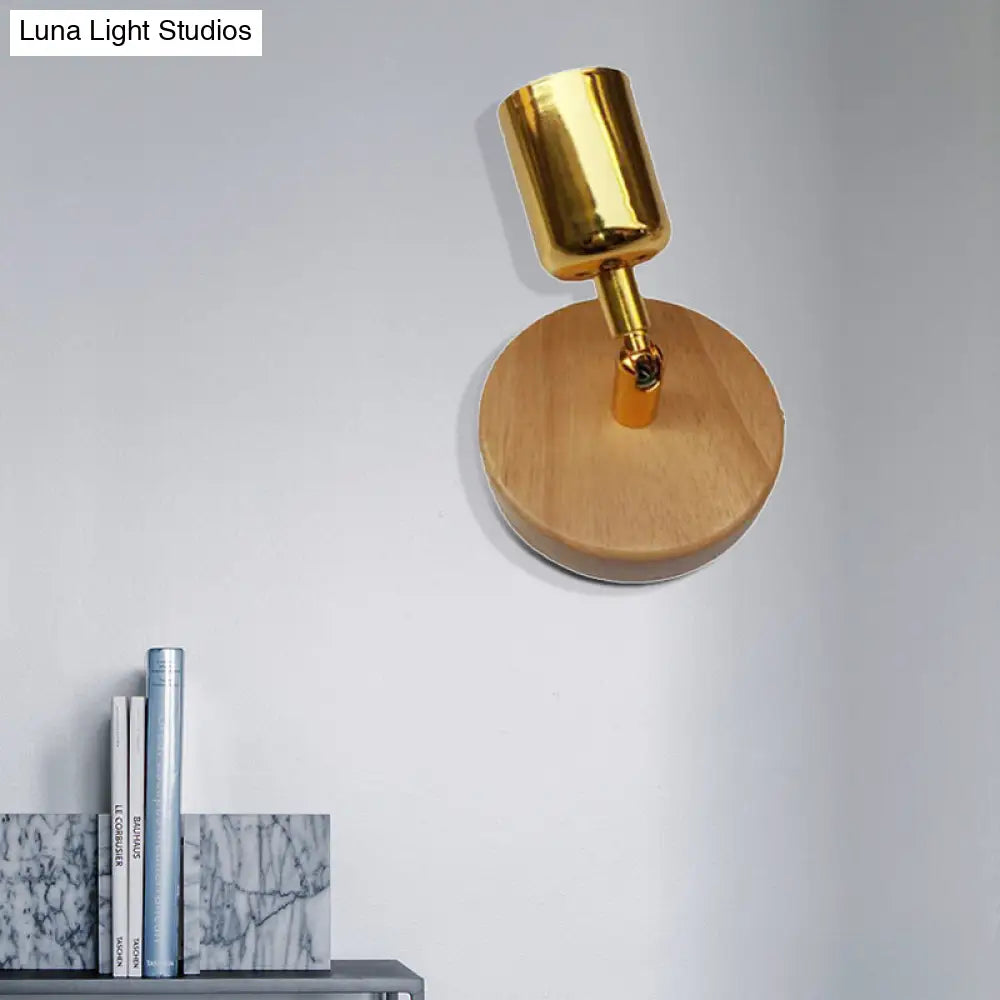 Metal Wall Lamp Lodge - Cup Shape 1 Light Silver/Gold Finish Circular Wooden Backplate Living Room