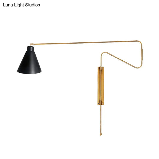 Metal Wall Lamp With Long Curved Arm & Rotatable Cone Shade - Antique Coffee/Black/Gold Finish Ideal