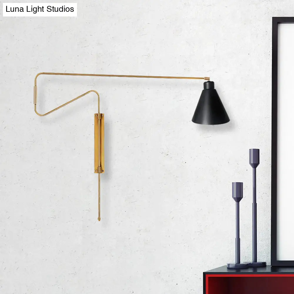 Metal Wall Lamp With Long Curved Arm & Rotatable Cone Shade - Antique Coffee/Black/Gold Finish Ideal