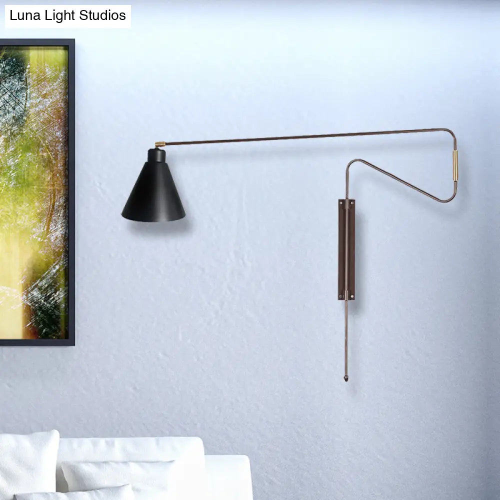 Metal Wall Lamp With Long Curved Arm & Rotatable Cone Shade - Antique Coffee/Black/Gold Finish Ideal