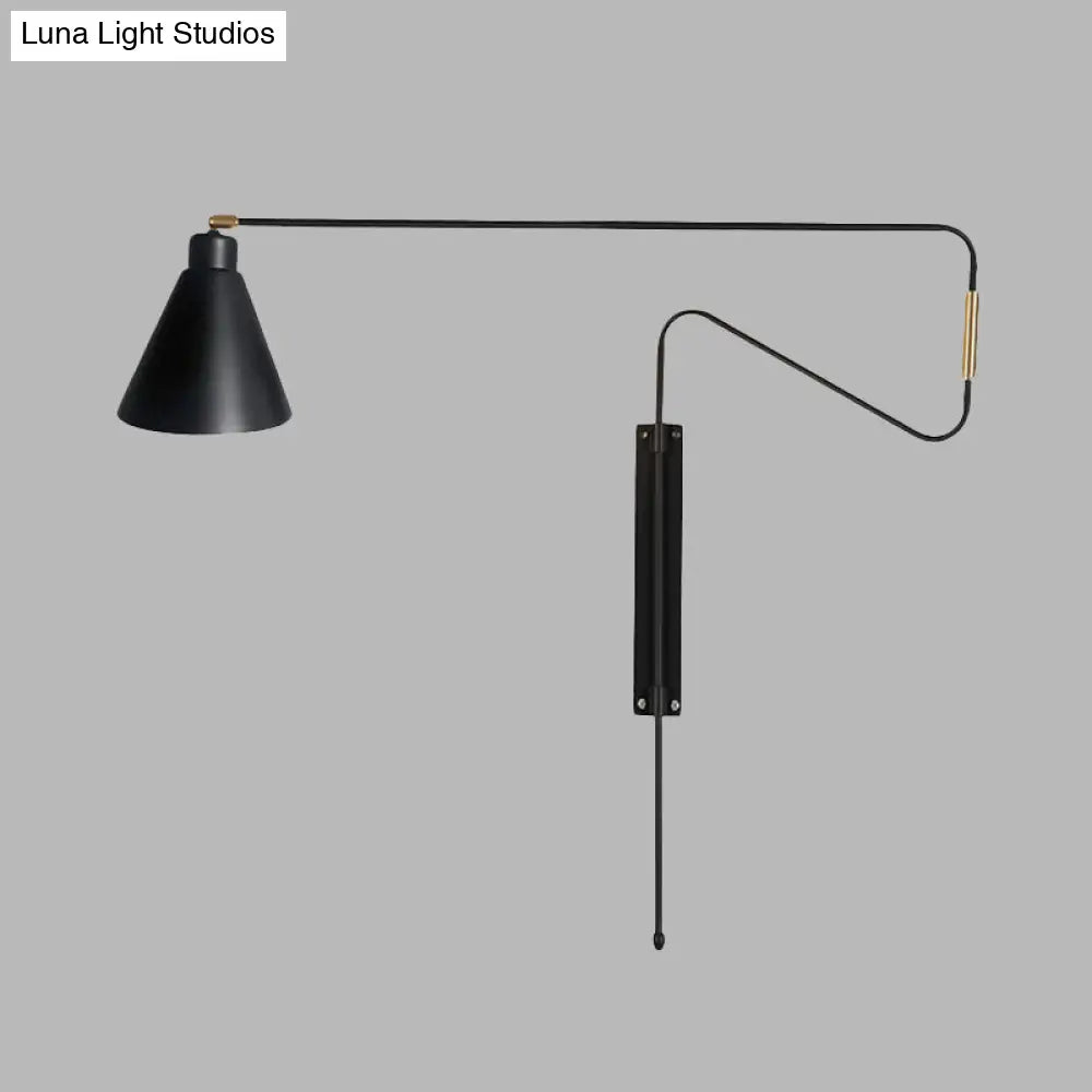 Metal Wall Lamp With Long Curved Arm & Rotatable Cone Shade - Antique Coffee/Black/Gold Finish Ideal