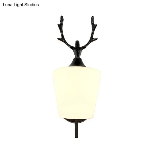 Metal Wall Lighting Country Black/Gold Antler Sconce Light - Frosted Glass Shade