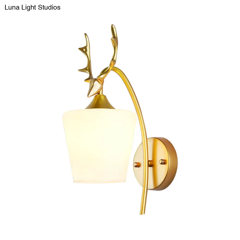 Metal Wall Lighting Country Black/Gold Antler Sconce Light - Frosted Glass Shade