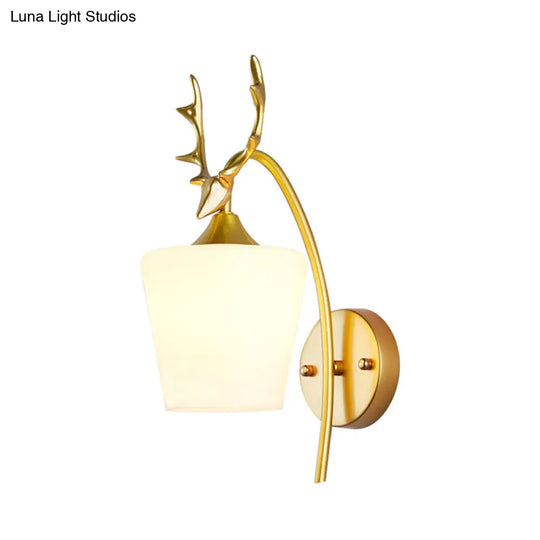 Metal Wall Lighting Country Black/Gold Antler Sconce Light - Frosted Glass Shade