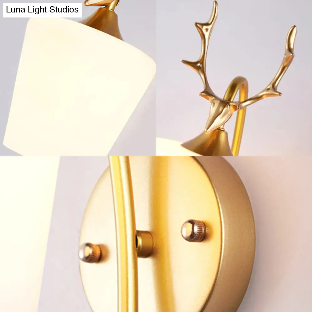 Metal Wall Lighting Country Black/Gold Antler Sconce Light - Frosted Glass Shade