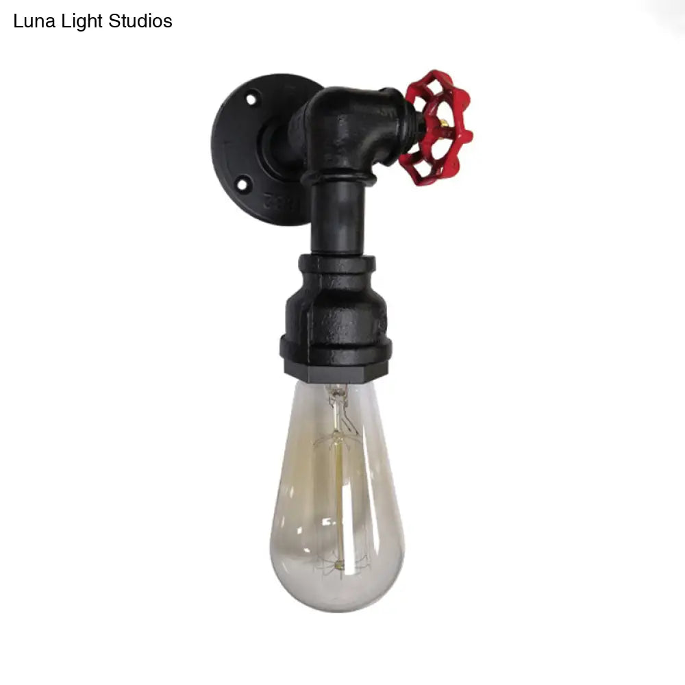 Metal Wall Lighting - Industrial Black/Antique Brass Water Pipe Sconce Light For Bedroom With Valve