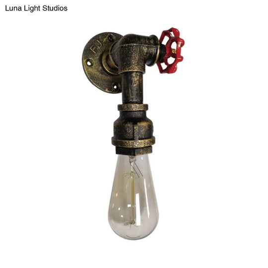 Metal Wall Lighting - Industrial Black/Antique Brass Water Pipe Sconce Light For Bedroom With Valve