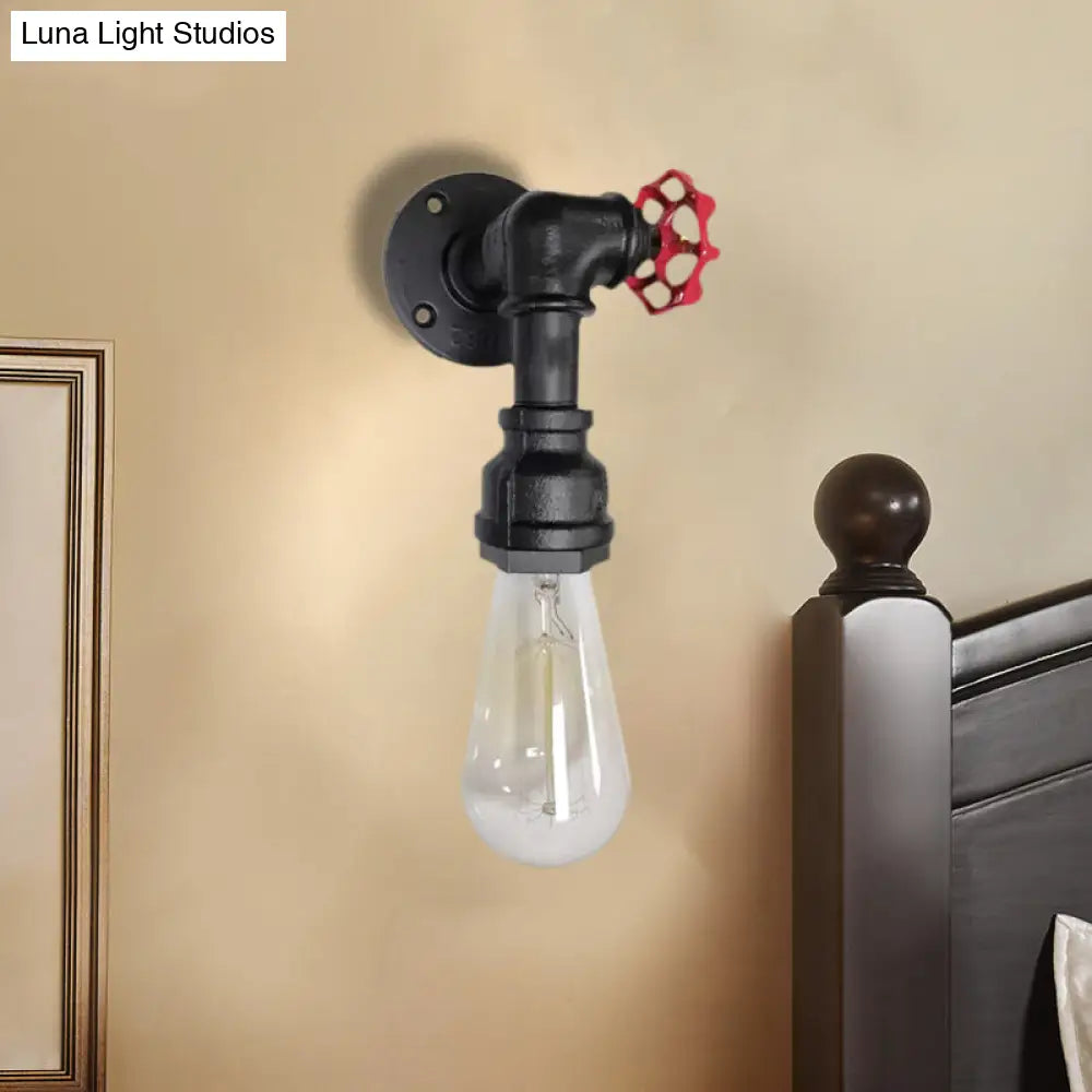 Metal Wall Lighting - Industrial Black/Antique Brass Water Pipe Sconce Light For Bedroom With Valve