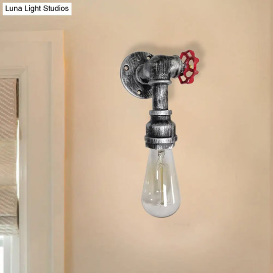 Metal Wall Lighting - Industrial Black/Antique Brass Water Pipe Sconce Light For Bedroom With Valve