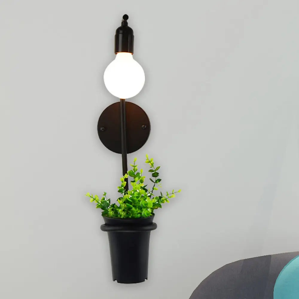 Metal Wall Sconce With Lodge Style Pot Decoration | 1-Light Black Exposed Bulb Restaurant Lighting