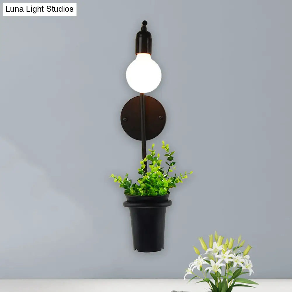 Metal Wall Sconce With Lodge Style Pot Decoration | 1-Light Black Exposed Bulb Restaurant Lighting