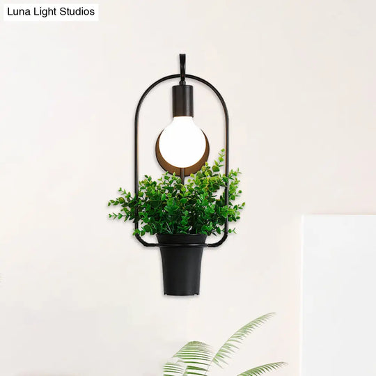 Metal Wall Sconce With Lodge Style Pot Decoration | 1-Light Black Exposed Bulb Restaurant Lighting