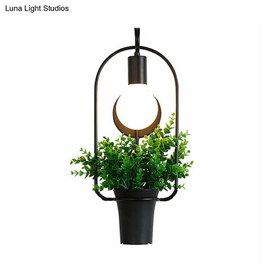 Metal Wall Sconce With Lodge Style Pot Decoration | 1-Light Black Exposed Bulb Restaurant Lighting