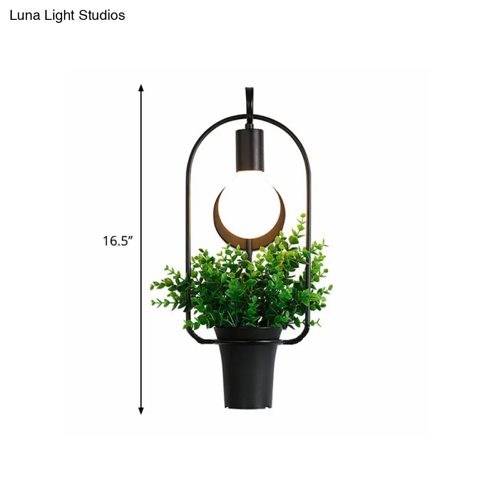 Metal Wall Sconce With Lodge Style Pot Decoration | 1-Light Black Exposed Bulb Restaurant Lighting