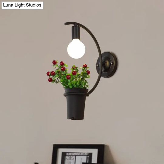 Metal Wall Sconce With Lodge Style Pot Decoration | 1-Light Black Exposed Bulb Restaurant Lighting