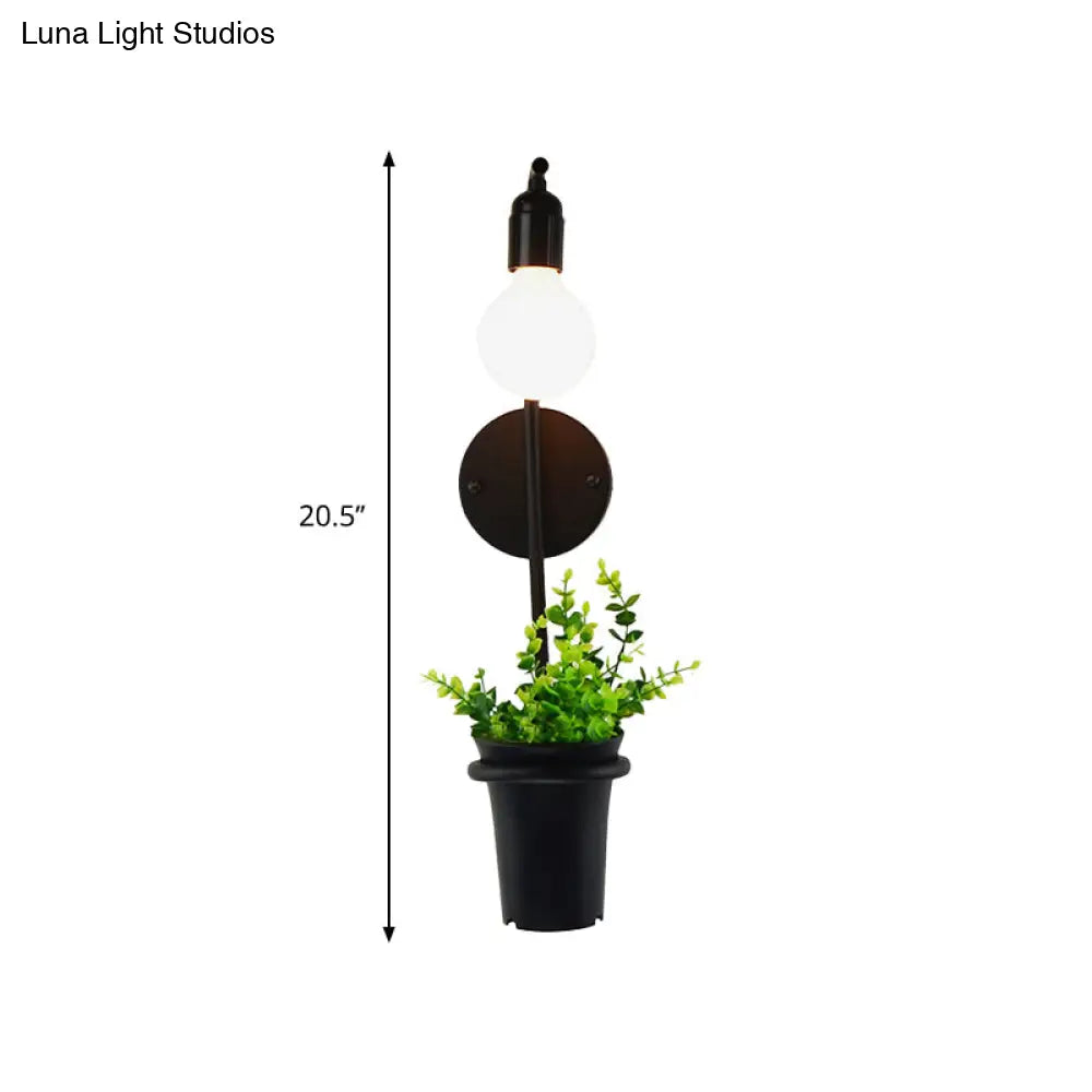 Metal Wall Sconce With Lodge Style Pot Decoration | 1-Light Black Exposed Bulb Restaurant Lighting