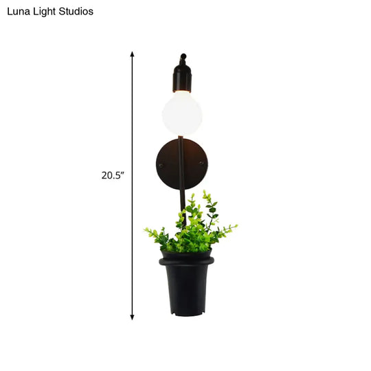 Metal Wall Sconce With Lodge Style Pot Decoration | 1-Light Black Exposed Bulb Restaurant Lighting