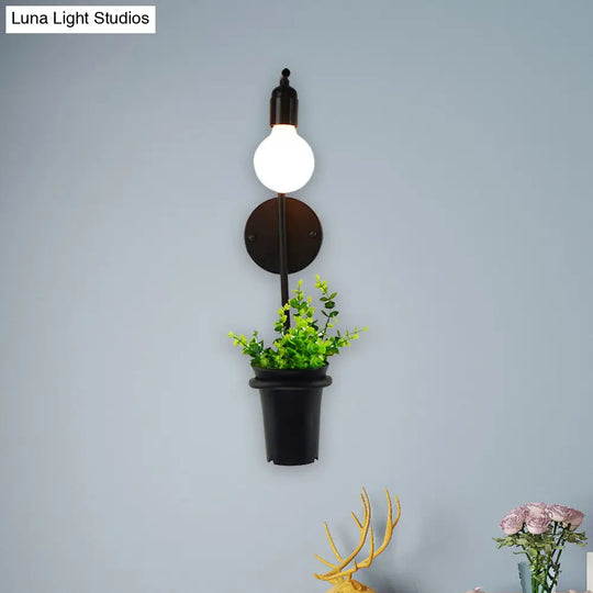 Metal Wall Sconce With Lodge Style Pot Decoration | 1-Light Black Exposed Bulb Restaurant Lighting