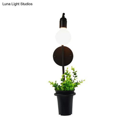 Metal Wall Sconce With Lodge Style Pot Decoration | 1-Light Black Exposed Bulb Restaurant Lighting