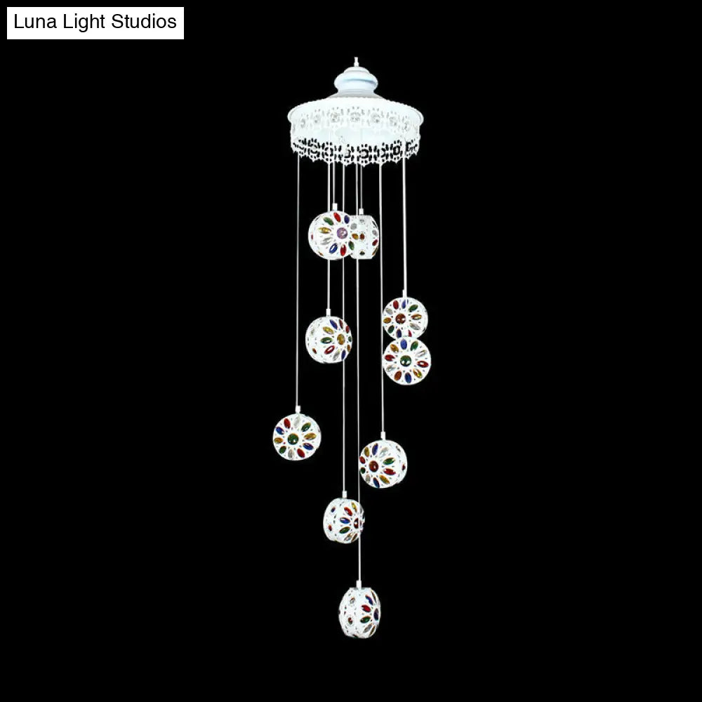 Metal White Cluster Pendant Light - Circular 9 Heads Traditional Ceiling Lamp For Living Room