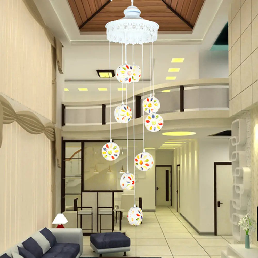 Metal White Cluster Pendant Light - Circular 9 Heads Traditional Ceiling Lamp For Living Room