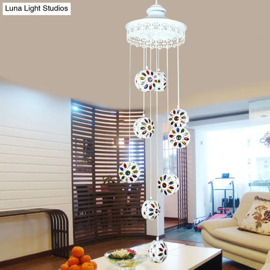 Metal White Cluster Pendant Light - Circular 9 Heads Traditional Ceiling Lamp For Living Room