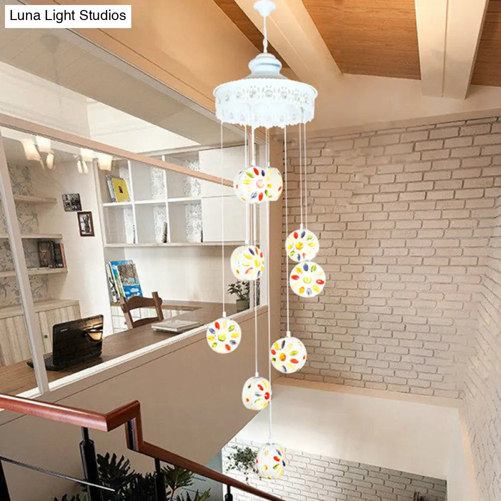 Metal White Cluster Pendant Light - Circular 9 Heads Traditional Ceiling Lamp For Living Room