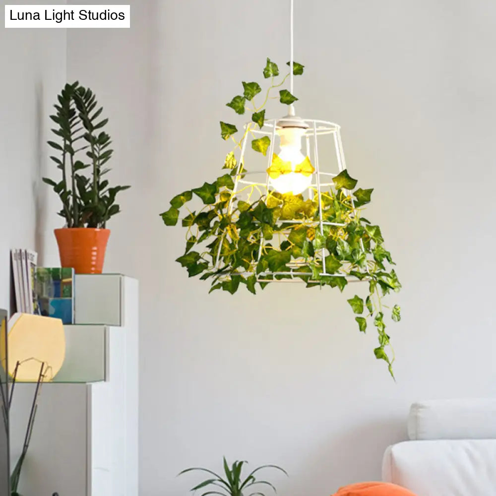 Metal White Pendant Light - Lodge Style Hanging Ceiling Lamp With Cone Shade Wire Frame And Leaf