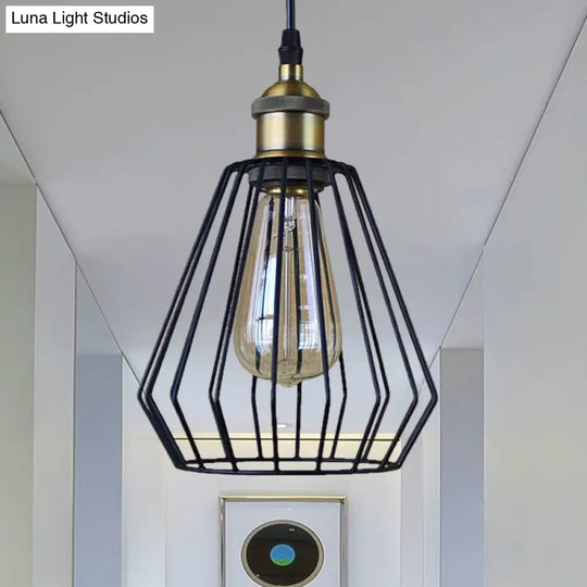 Black/Brass Wire Cage Pendant Lamp - Industrial Style Ceiling Lighting For Dining Table Black / C