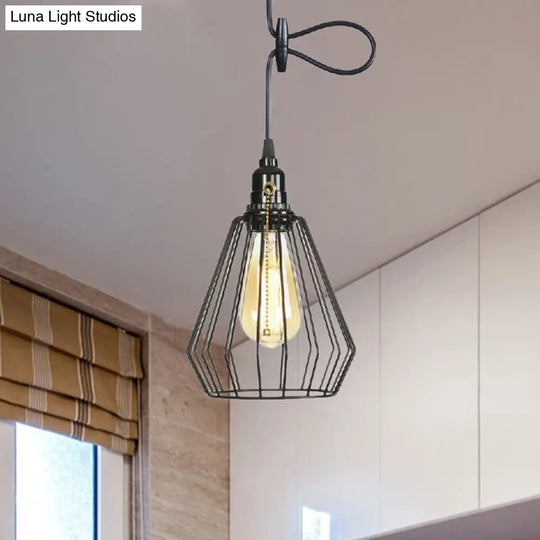 Black/Brass Wire Cage Pendant Lamp - Industrial Style Ceiling Lighting For Dining Table