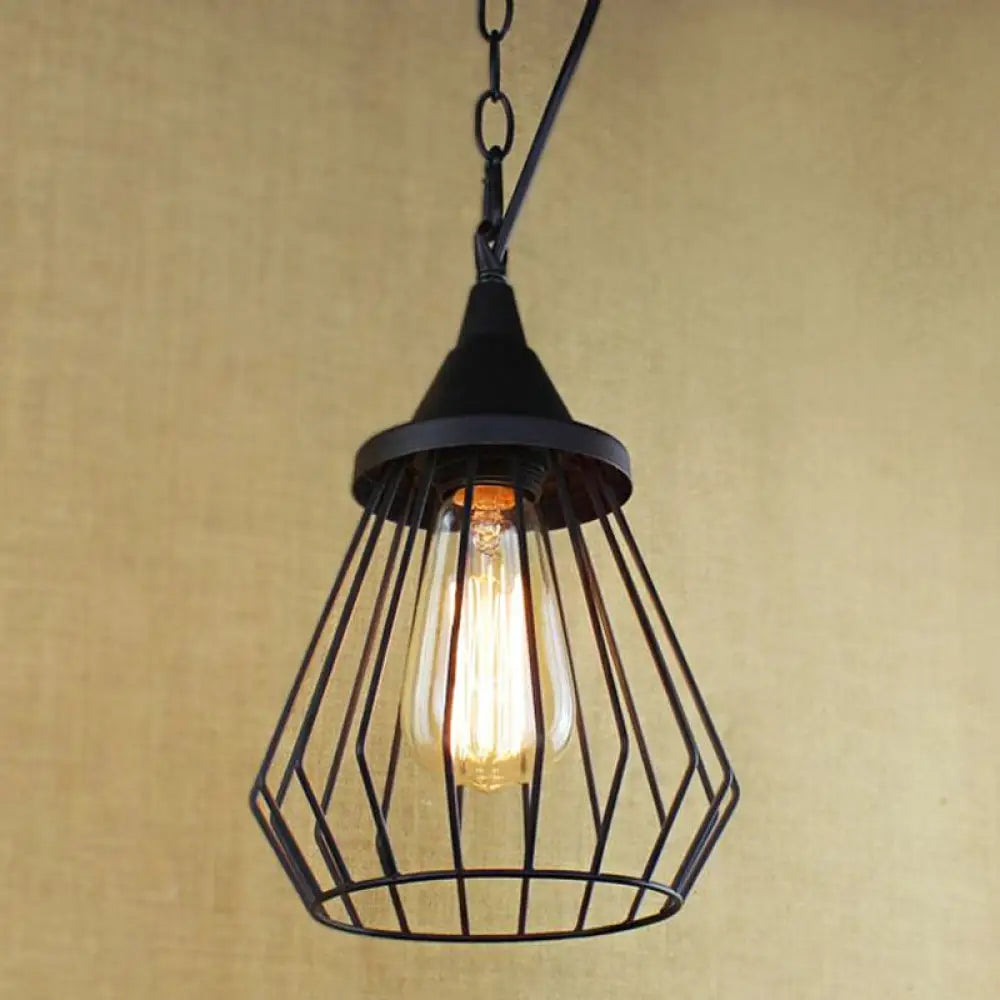 Metal Wire Cage Pendant Lamp - Black/Brass Warehouse Style Dining Table Lighting Black / D