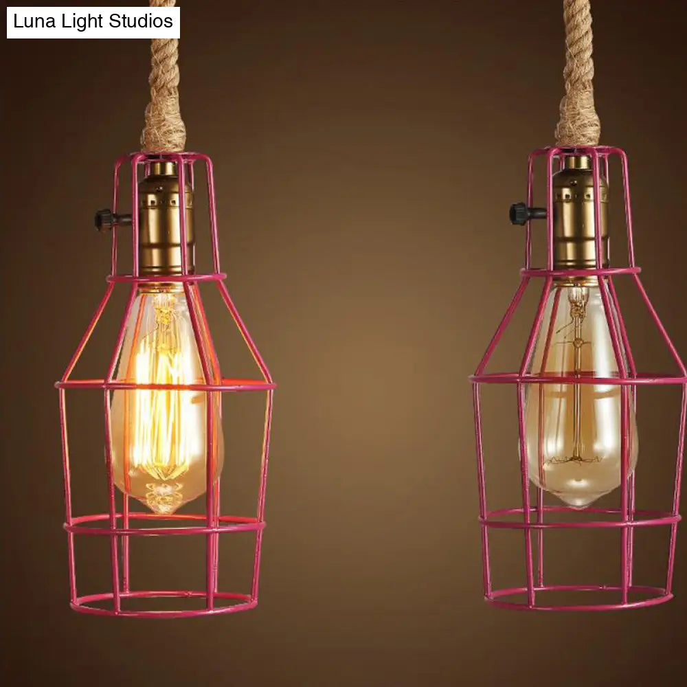Metallic 1-Head Black/White/Pink Wire Cage Pendant Light For Dining Room With Rope Cord